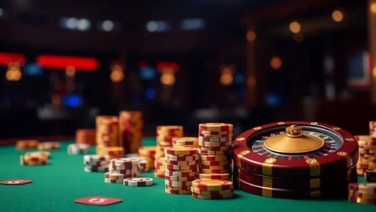 Close-up of neatly stacked Philippine peso bills and casino chips on a table with a calculator and a digital betting interface in the background, symbolizing careful financial planning